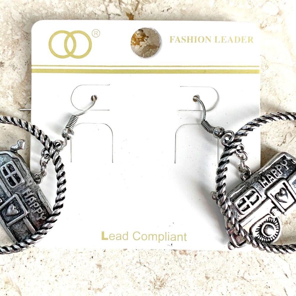 Silver Hoop Happy Camper Earrings NEW Vintage Travel Trailer Charm French Hook - Picture 5 of 6